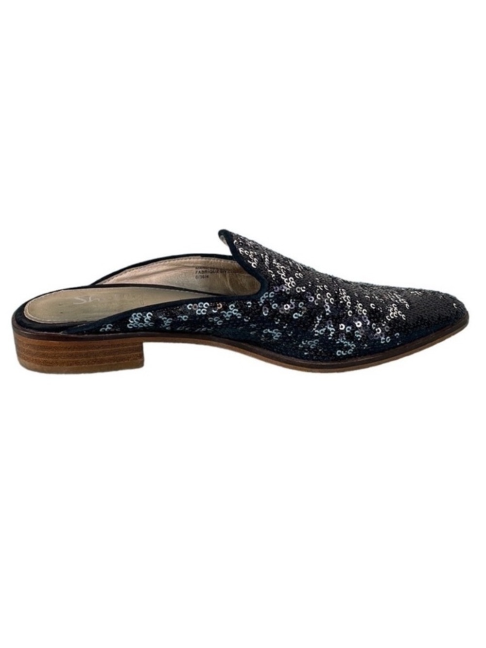 Shellys London Mule Loafers Shoes Sequin Pointed Toe Black Silver Sparkle Sz 36
